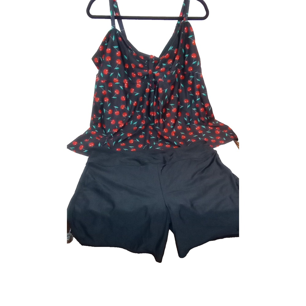 Avidkove Sz 4X Bathing Suit Tank Blk Cherries w/3X Bottoms Solid Black Plus Size